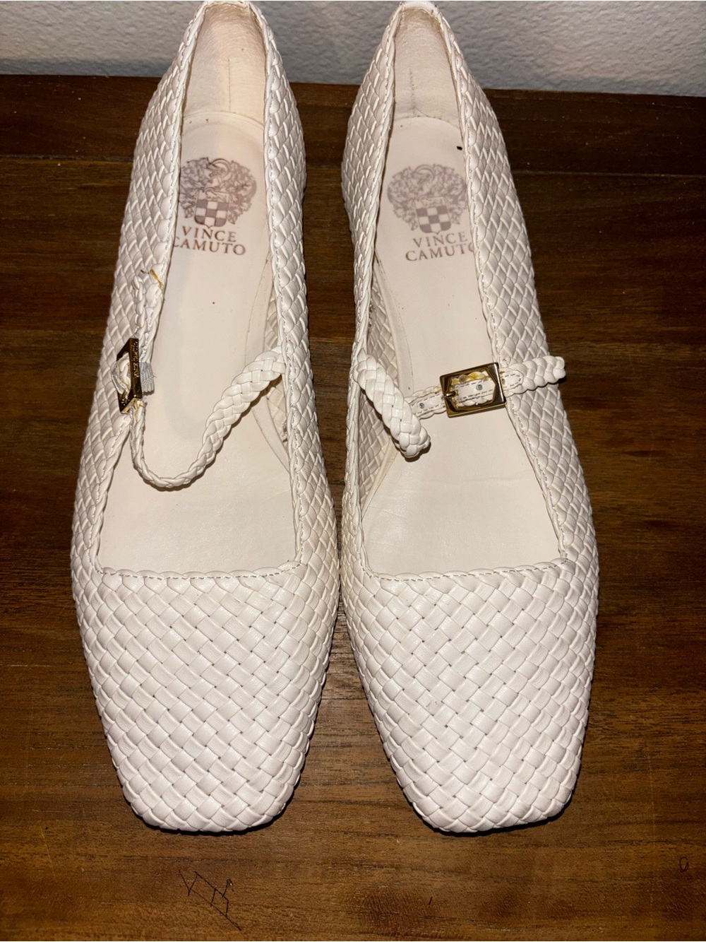 Vince Camuto Cream Woven Mary Jane Flats with Gold Buckle - Picture 2 of 5